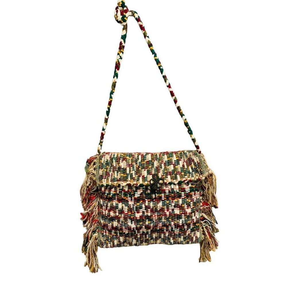 Vintage 1970s Rag Rug Handbag Fringed Rope Braided Fringed Upcycled